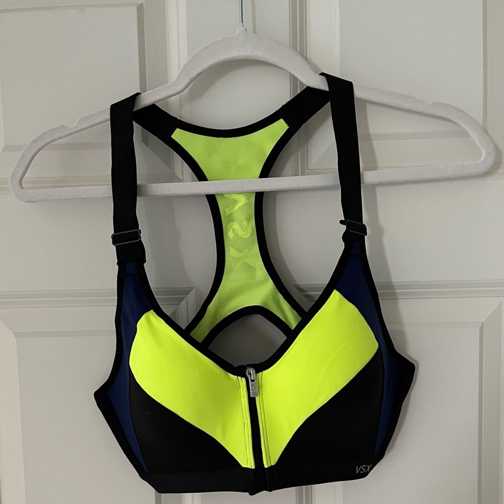 Victoria’s Secret sports bra, Navy/Black/Neon yellow 34B front zipper workout